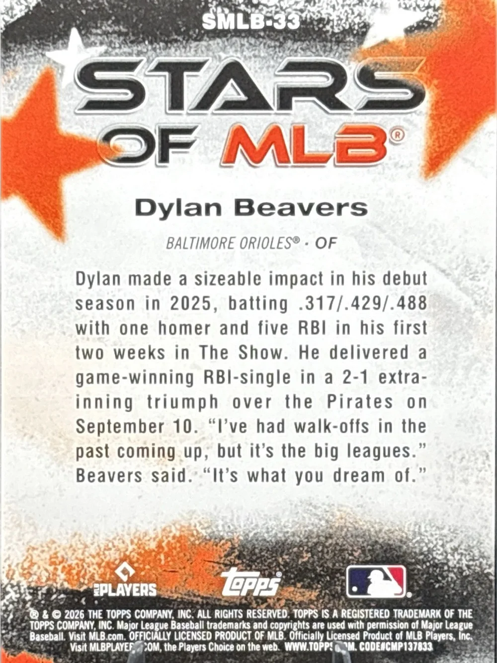 Topps Dylan Beavers Baltimore Orioles Rookie- Stars of MLB